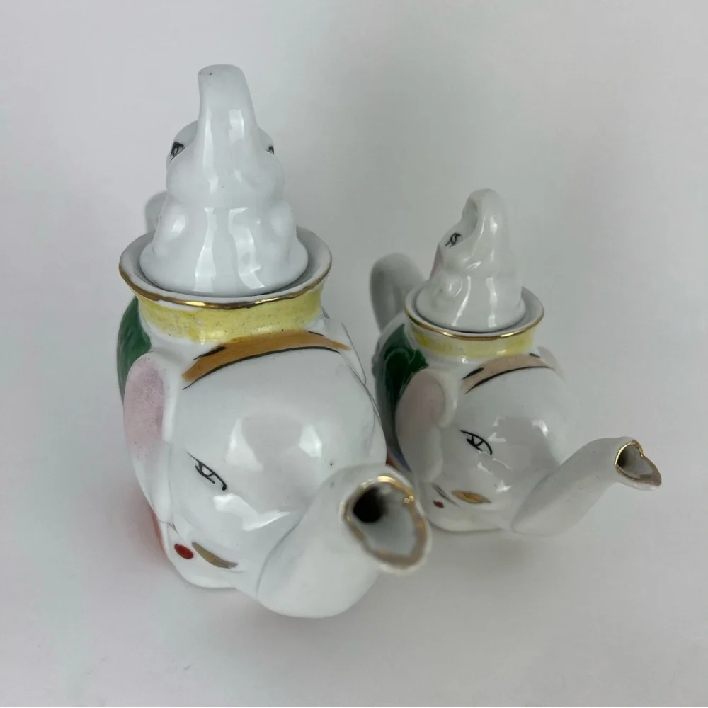 Vintage Pier 1 Set Of 2 Elephant Teapot & Creamer W/ Lids Porcelain Painted